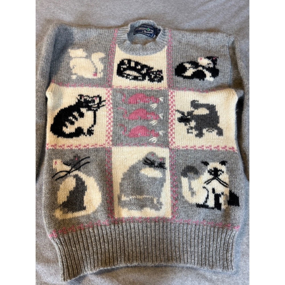 Woodstock International Gray w/ CATS by Bernard Wool Knit Sweater Size 40 M/L